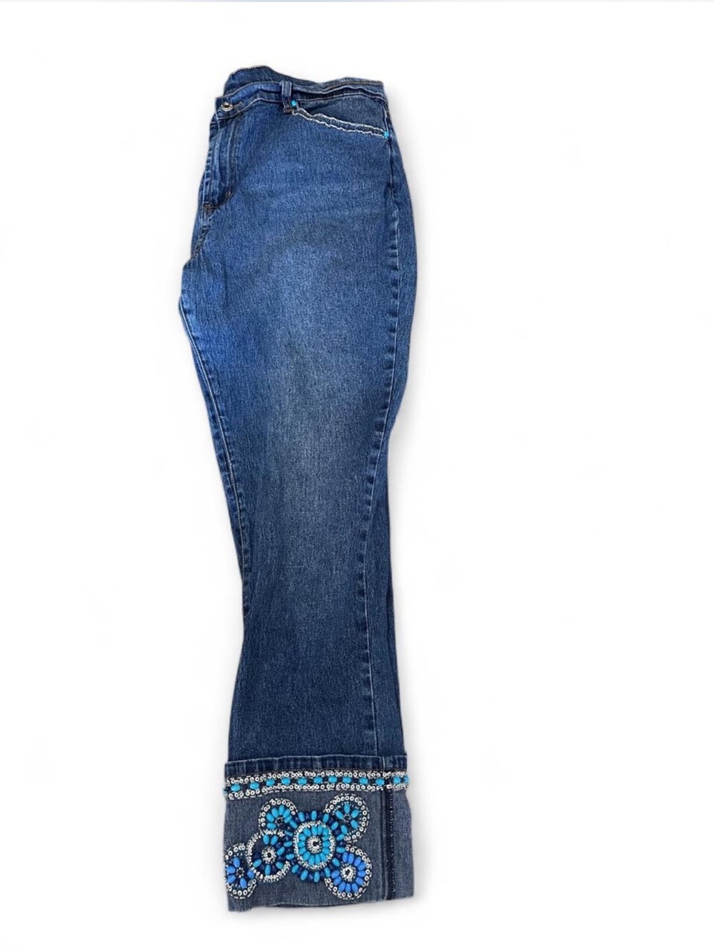 Blue & Silver Beaded Embroidered Hem, Denim Jeans from DG2 by Diane Gilman